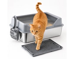 Roestvrijstalen Kattenbak Grote Maat - Anti Spat Open Kattenbak Set - Met Kattenbakmat En Schep - Lichtgrijs Laag Model 50×35×20 cm Katten Toilet