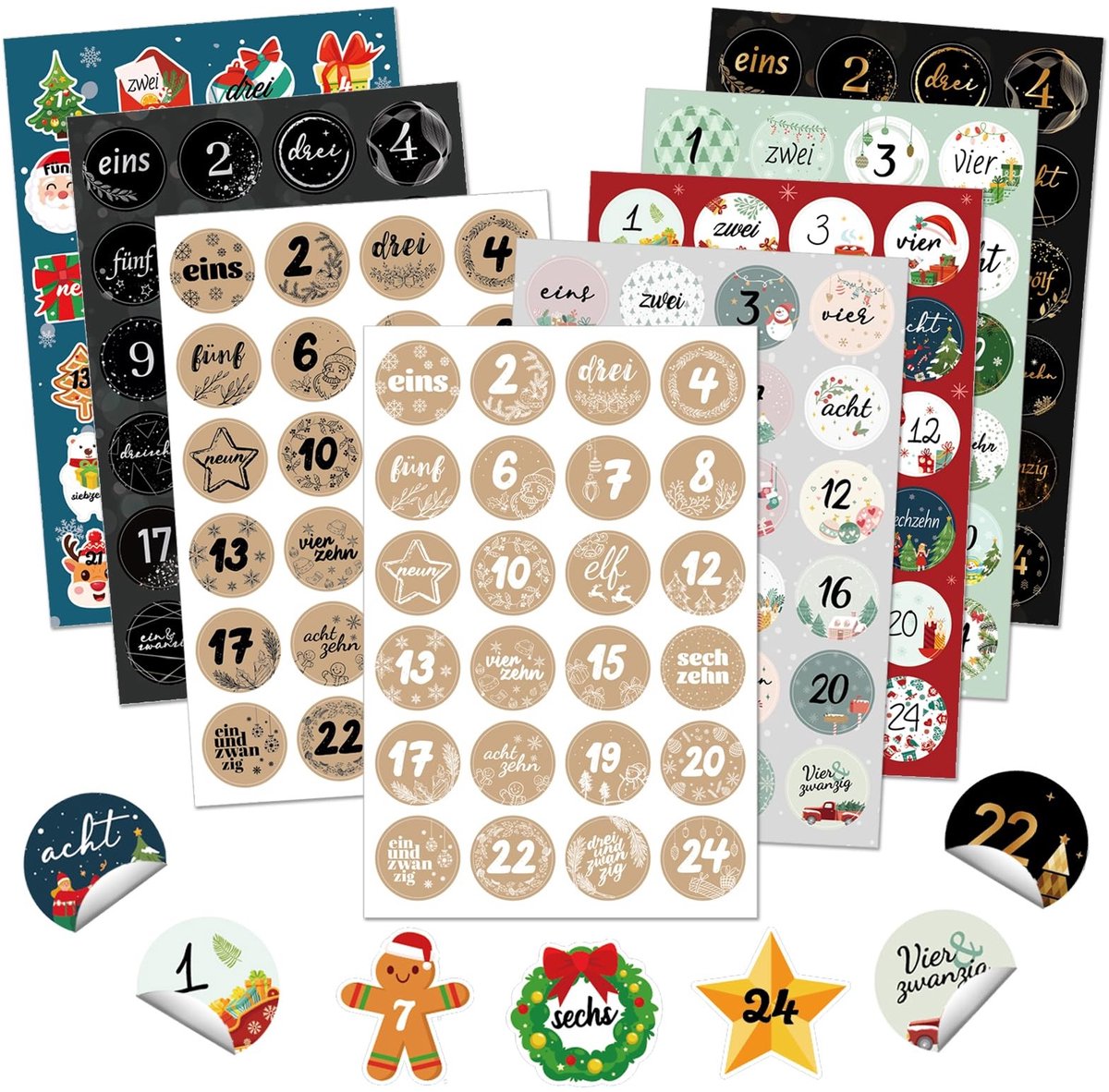 Dailygoods- Adventskalender 2024 - 8 x 24 Cijferstickers - Zelfklevende Stickers - Kerstmis - Knutselen - Klassiek Kerstdesign - Kerststickers