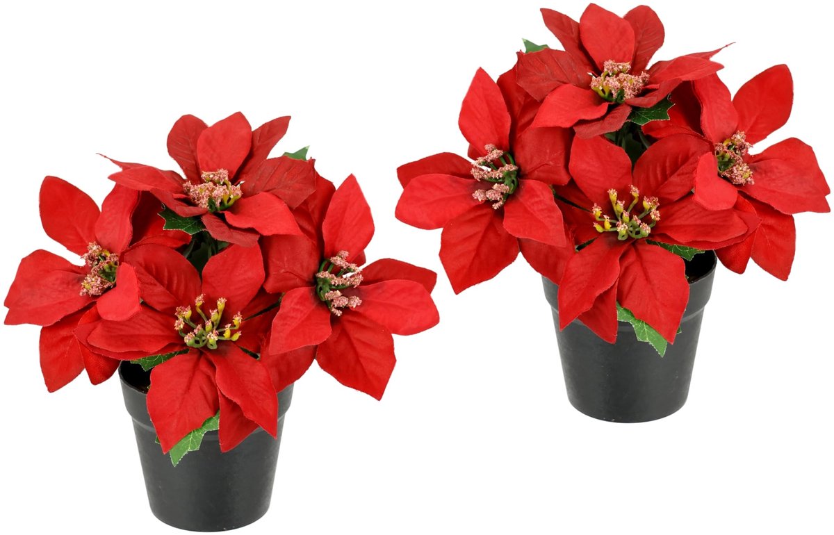 Dailygoods- Kunstbloemen Poinsettie in Pot - Kunstbloemen Set van 2 - Kerstdecoratie - Kunstbloem - Bloemenversiering - Natuurlijke Uiterlijk - Kerstbloem