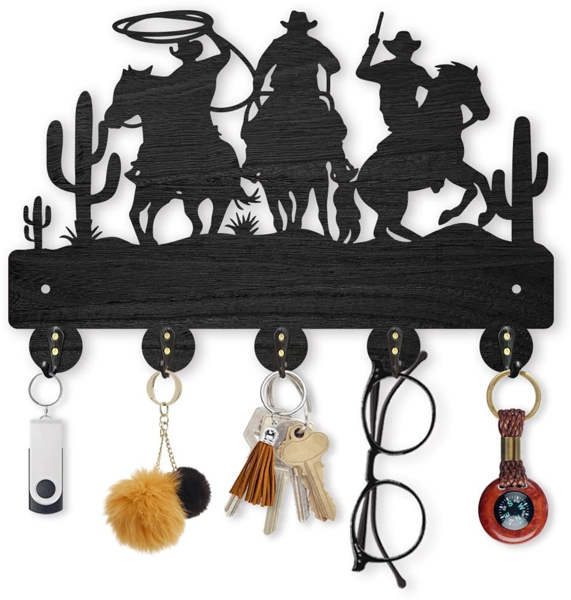 Dailygoods- Kapstok Wandmontage - Cowboy/Houten - 5 Haken - Decoratieve Wanddecoratie - 30 x 20 cm - DIY Stijlontwerp - Wandhaak