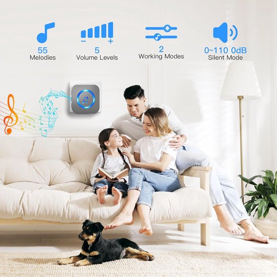 VHV Wireless Doorbell - Waterproof - 400 m Range - Wireless Outdoor Bell - with 2 plug-in receivers and 2 Transmitter - Works on 55 melodies - LED flash Doorbell - Black — afbeelding 2