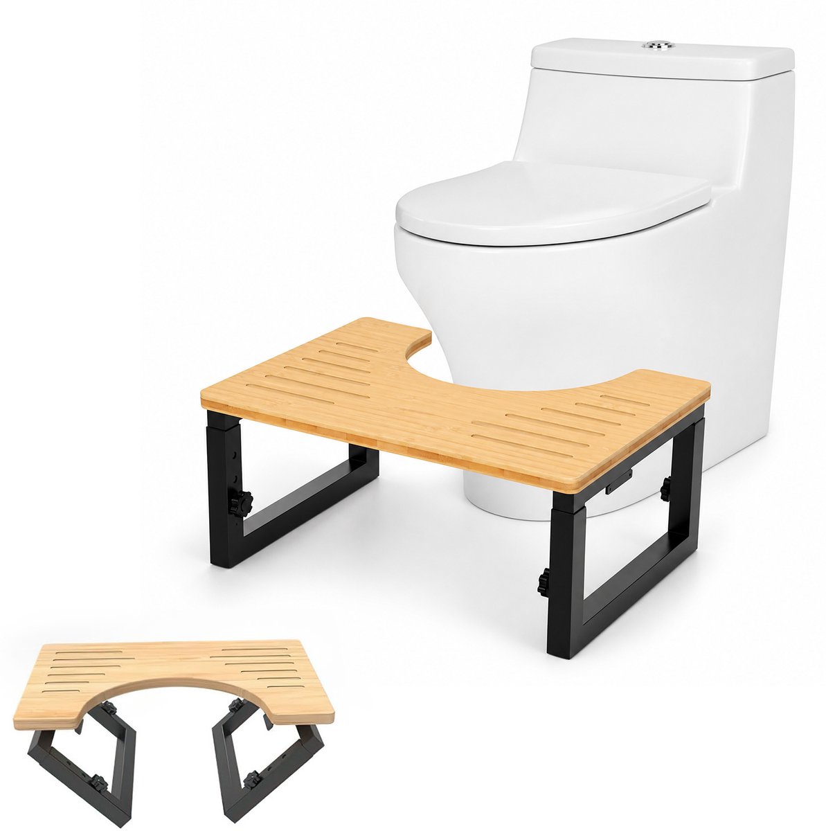 Opvouwbare Toiletkruk - Verstelbare Voetensteun voor Toilet - Houten en Metalen Badkamer Kruk - 200KG Draagvermogen