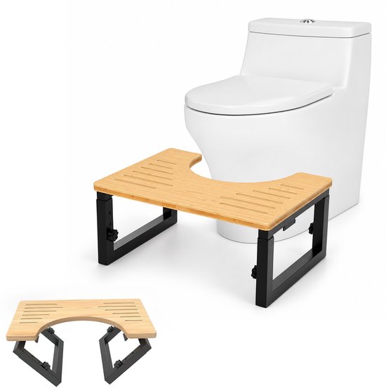 Houten toiletkruk met gebogen zitting en zwart metalen frame, naast een witte toiletpot. Inclusief een kleinere opvouwbare versie.