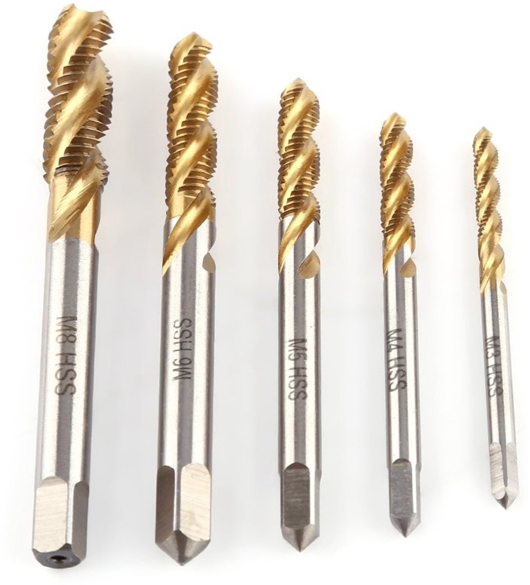 Dailygoods- Schroeftap 5 stuks - HSS Spiraal - Gecoat Snelheidsstaal - M3/M4/M5/M6/M8 - Roestbestendig - Voor het maken van schroefdraad - Taps