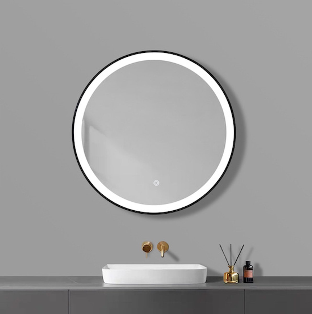 LINEA UNO - Avix 80 x 80 - Mat zwart - Spiegel - Rond - LED-verlichting (dimbaar) - Anti-condens - 301686