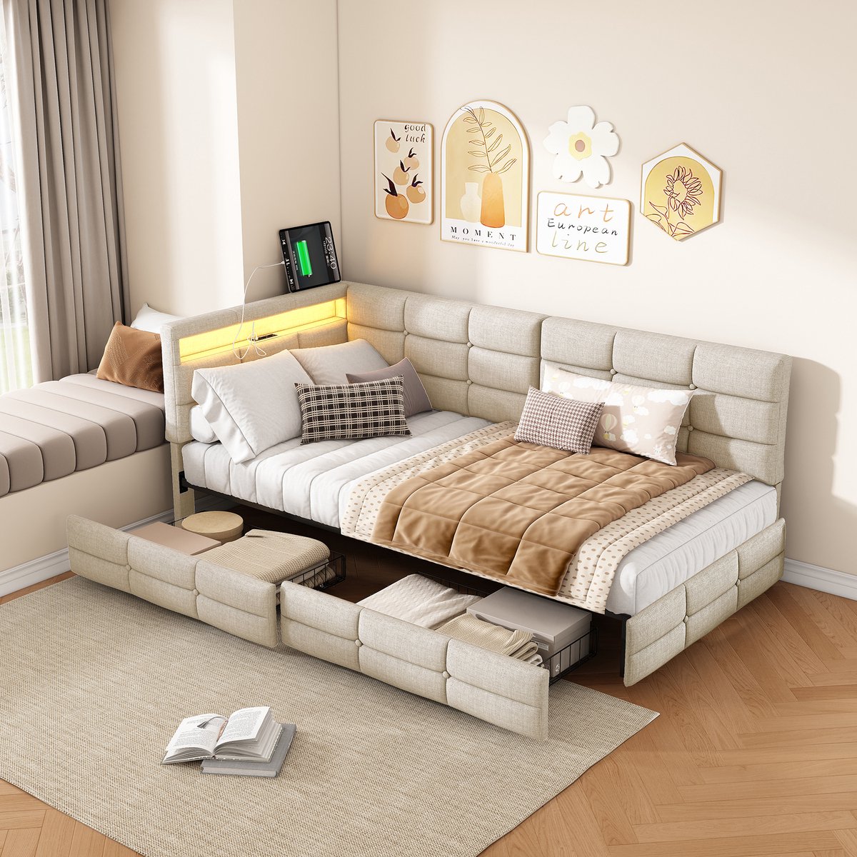ROSAHQNDA L-vormig gestoffeerd bedframe, 140x190cm, slaapbankframe met USB-oplaadpoort en LED-verlichting, eenpersoonsbed voor kinderen met ladeopbergruimte, linnen stof, beige