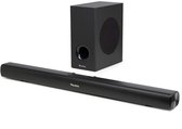 Zwarte soundbar en subwoofer van Audizio.