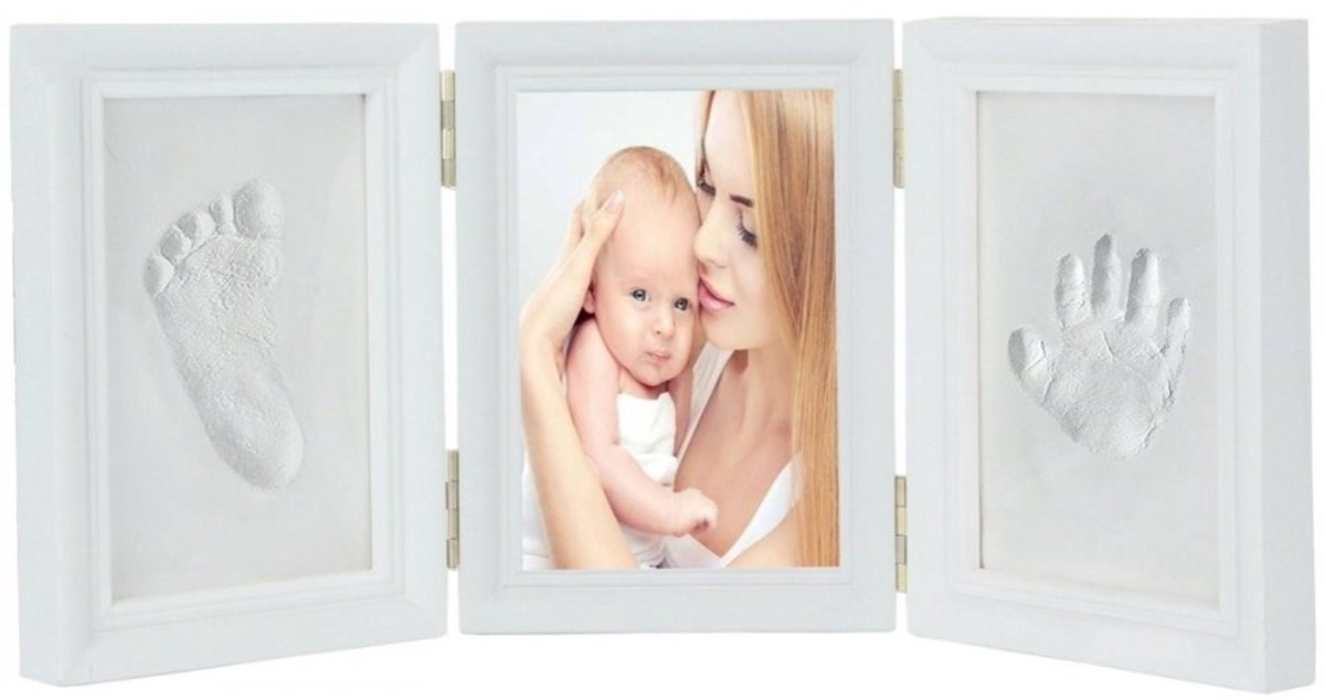 Dailygoods- Fotolijst Babyhandafdruk - Fotolijst 35x15,5 cm - Witte Houten Lijst - Niet-giftig - Baby Douchegift - Inclusief Klei - Herinneringslijst