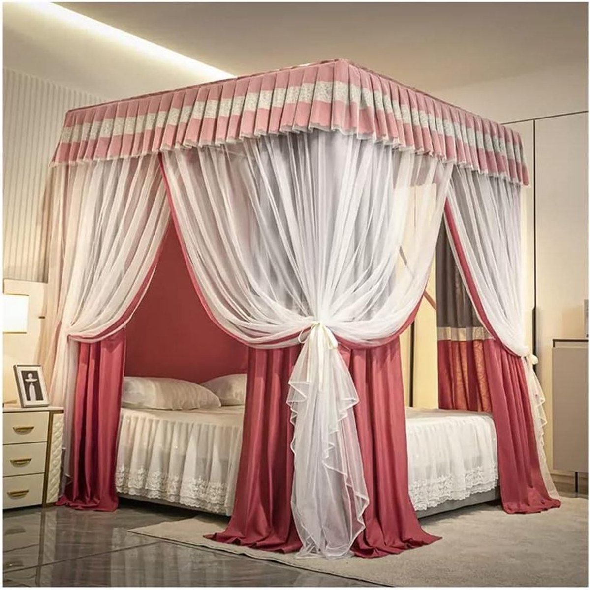 Bedhemel met Klamboe - Hemelbed Gordijn - Slaapkamer Decoratie - Eenvoudige Installatie - 180x200 cm - Roze