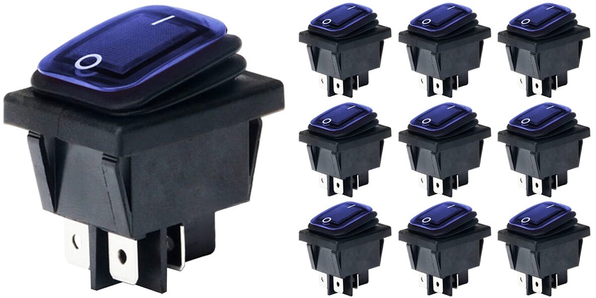 Orbit Electronic Wipschakelaar ON-OFF - 4-pins - 30x22mm - 16A 250V - Spat Waterdicht - KCD4-201-16 - Blauw - 10 stuks