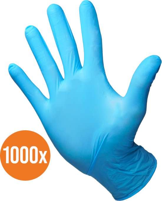 Blauwe nitril handschoen op een hand met oranje cirkel '1000x'.