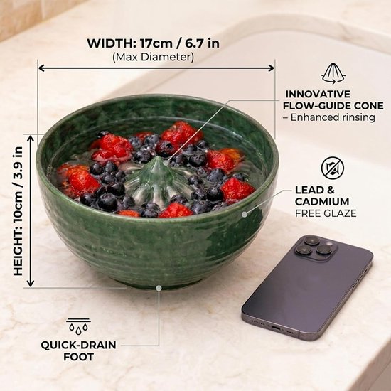 Zelfdraaiende Kom - Fruitwasser Zeef - Snelle Reiniging - Automatische Vortex-actie - 100 mm - Bosgroen — afbeelding 3
