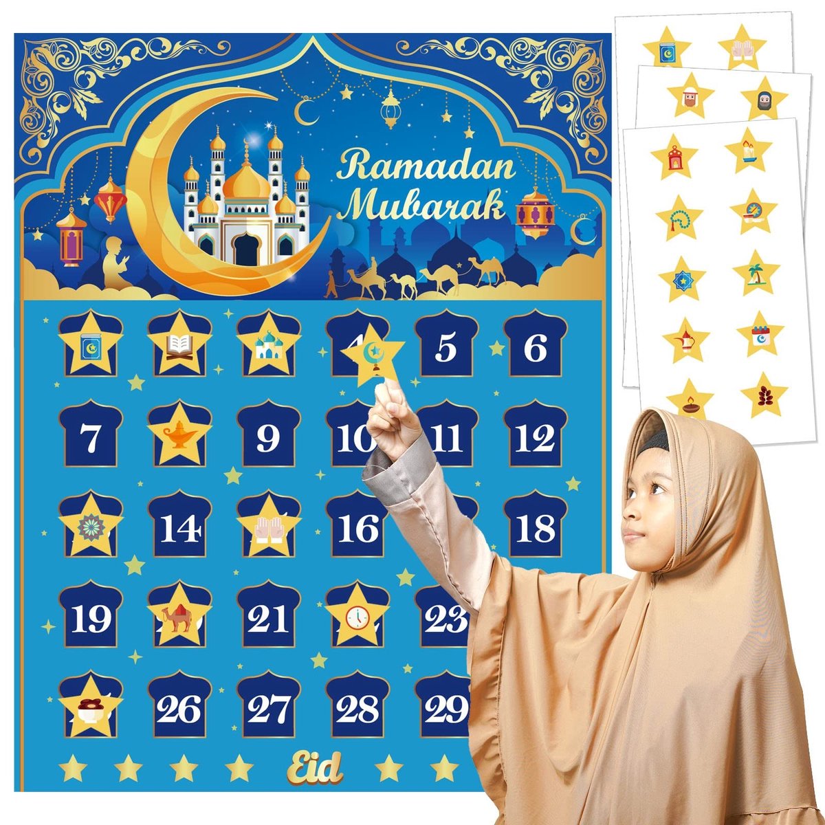 Dailygoods- Ramadan Kalender Aftellen voor Eid - Ramadan Spel - Decoraties - 30 Sterren Stickers - Geschikt voor Kinderen en Volwassenen - Prachtig Ontwerp - Aftelkalender