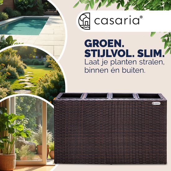 Bruine polyrattan plantenbak met 4 vakken, omringd door groen. Afbeeldingen van tuin, zwembad en woonkamer.