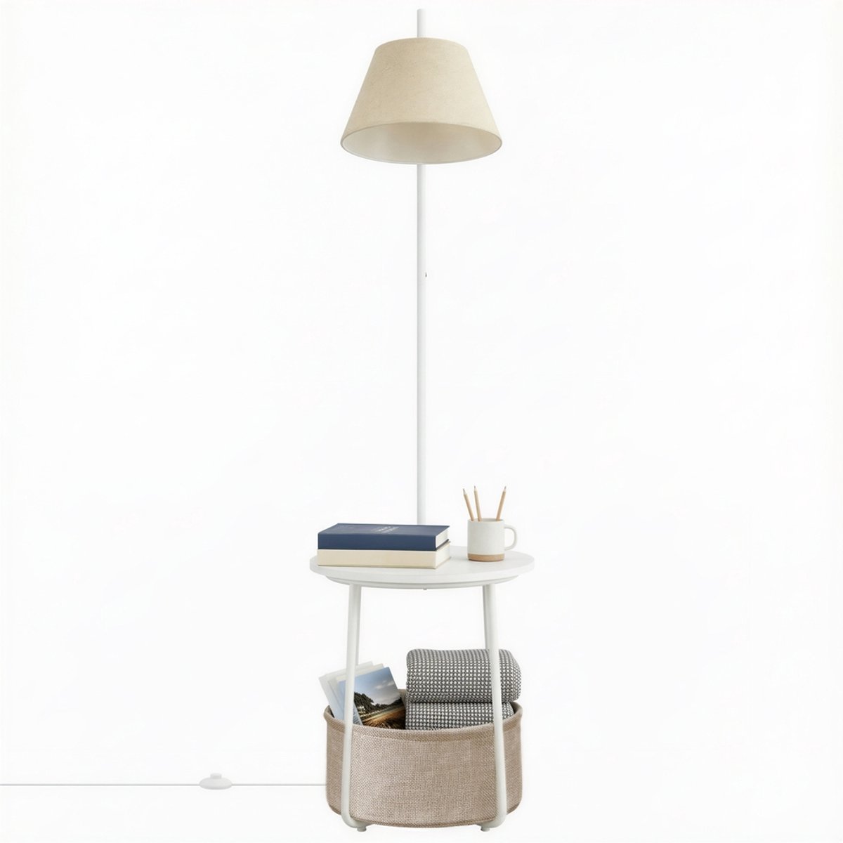 VASAGLE - Lamp - Vloerlamp - Met Lamp - 3-in-1 Staande Lamp met Tafel en Stoffen Mand - Verstelbare Lampenkap