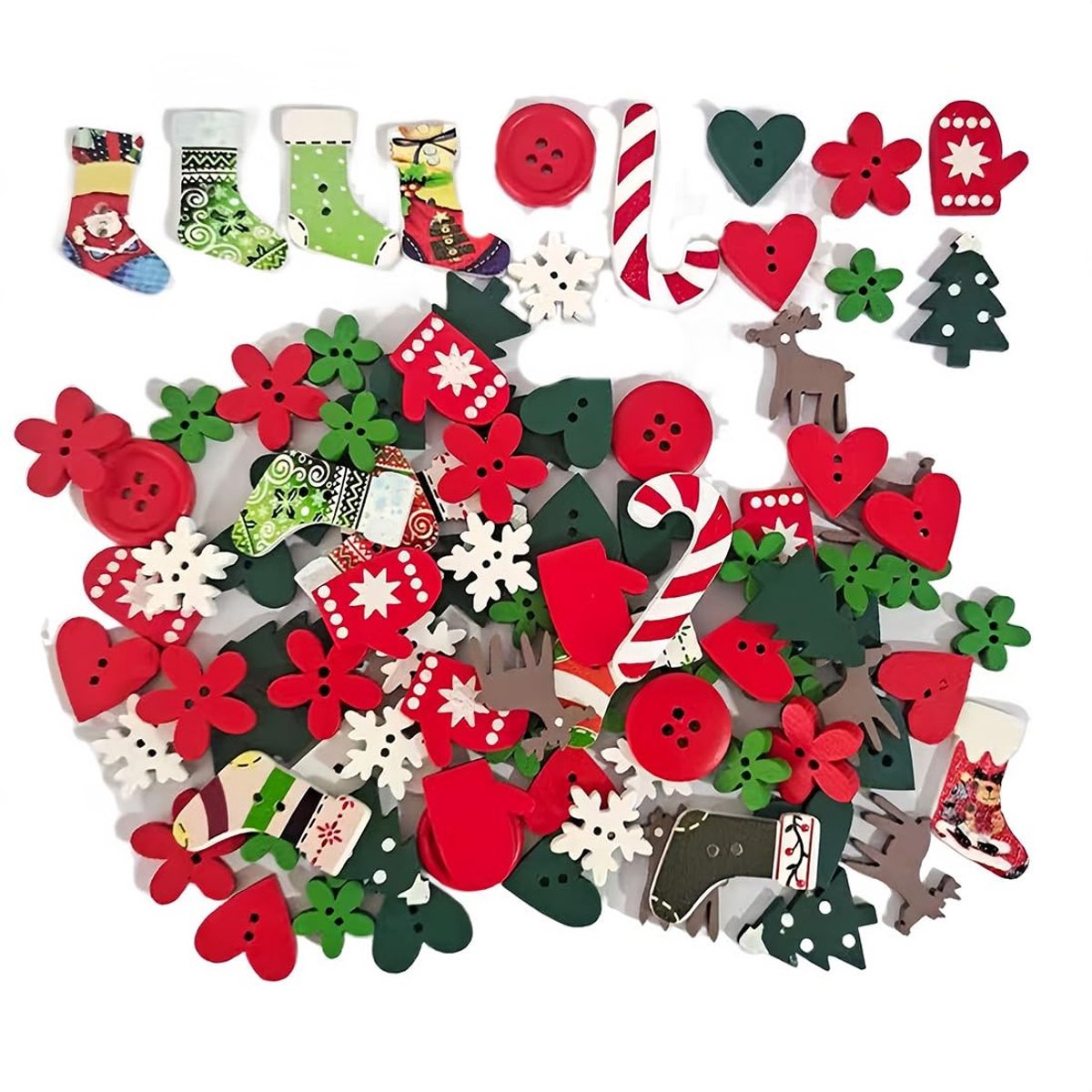 Dailygoods- Kerstknopen Set van 50 - Houten Decoratieve Knopen - Eland/Sneeuwvlokken Motieven - Herbruikbaar voor Doe-Het-Zelf - Kleurvast en Glad - Vervaardigd in Europa - Decoratieknopen