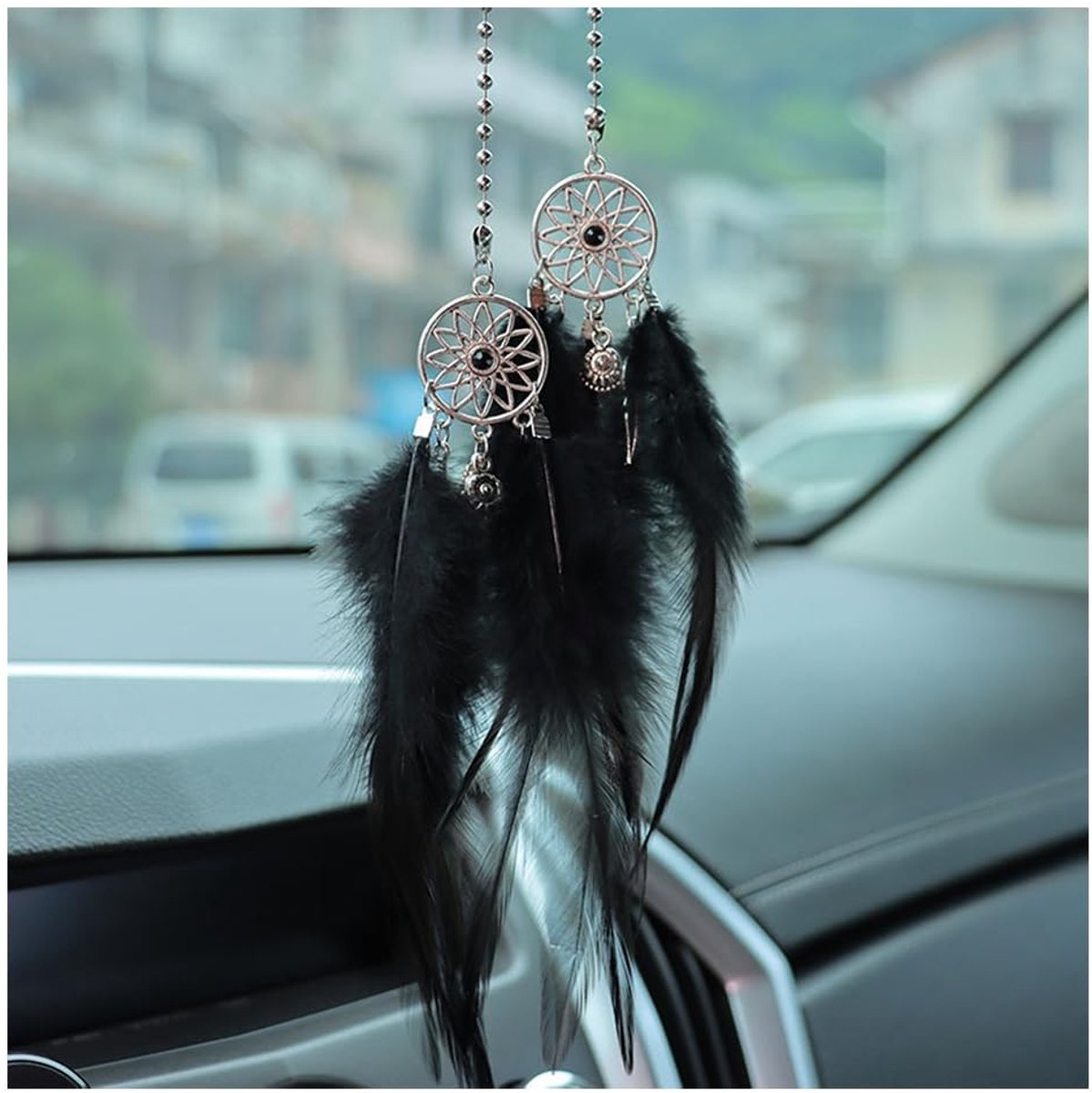 Dailygoods- Autospiegelaccessoires Schattig Ornament - Dromenvanger - Binnendecoratie - Universeel - Metaal/Faux-Veer - 16 x 6 cm - Autodecoratie