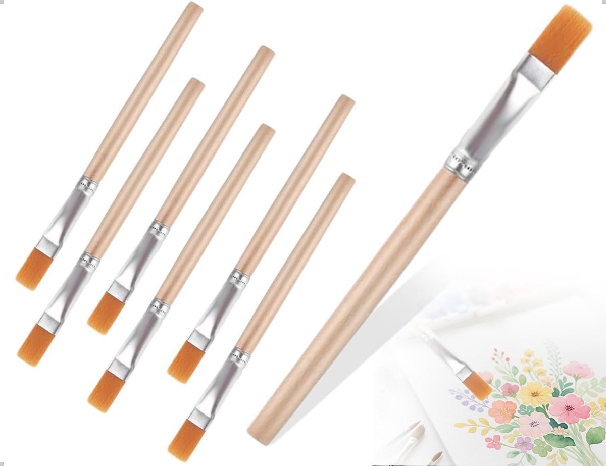 Dailygoods- Kunstenaarskwasten Set van 6 - Platte Kwasten - Nylon Borstelharen - Houten Handvat - Comfortabele Grip - Ideaal voor Schilderen en Knutselen - Schilderkwasten