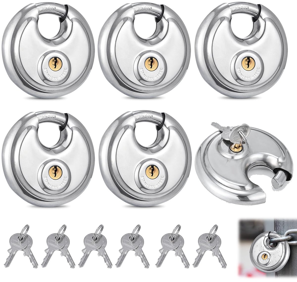 Dailygoods- Hangslot Set van 6 - 70 mm RVS Disc Lock - Hangslot met Sleutel - Schokbestendig - Weerbestendig - Robuust en Veilig - Discslot