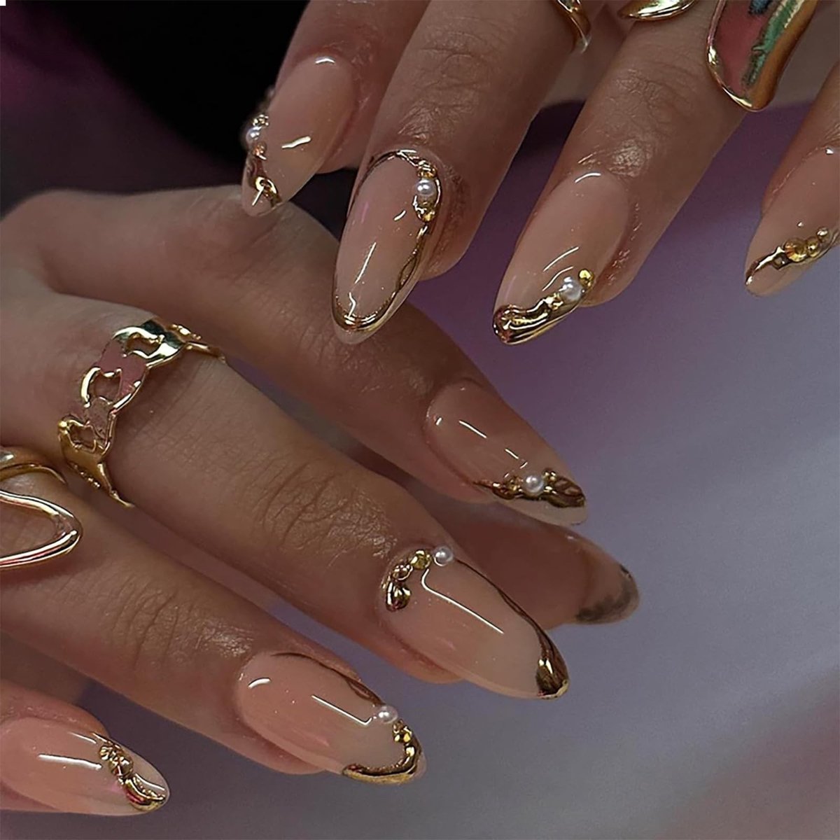 Dailygoods - Set van 24 Franse Tip Press-On Nagels met Parels en Gouden Lijn
