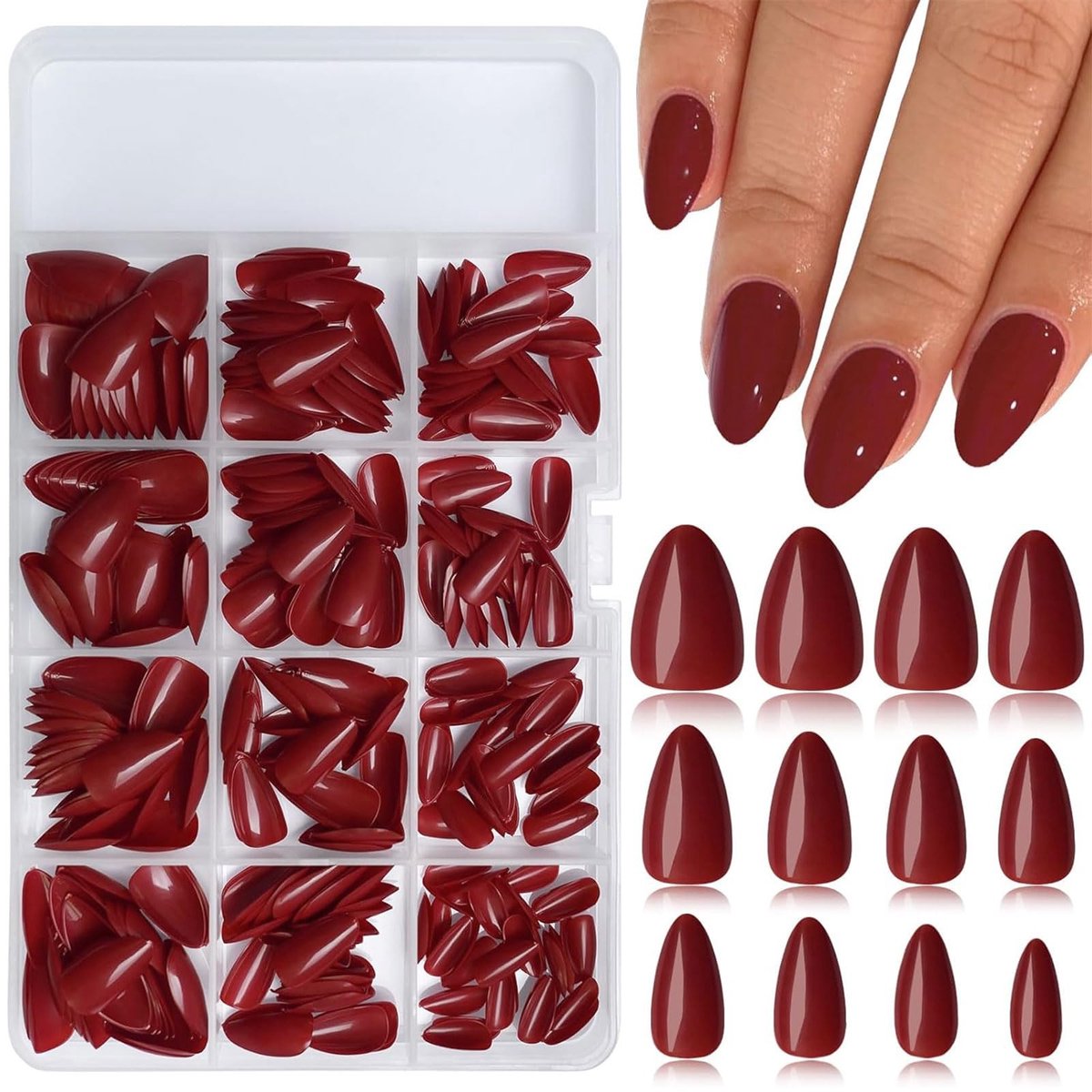 Dailygoods - Bordeauxrode Amandelvormige Kunstnagels Set van 240 Stuks