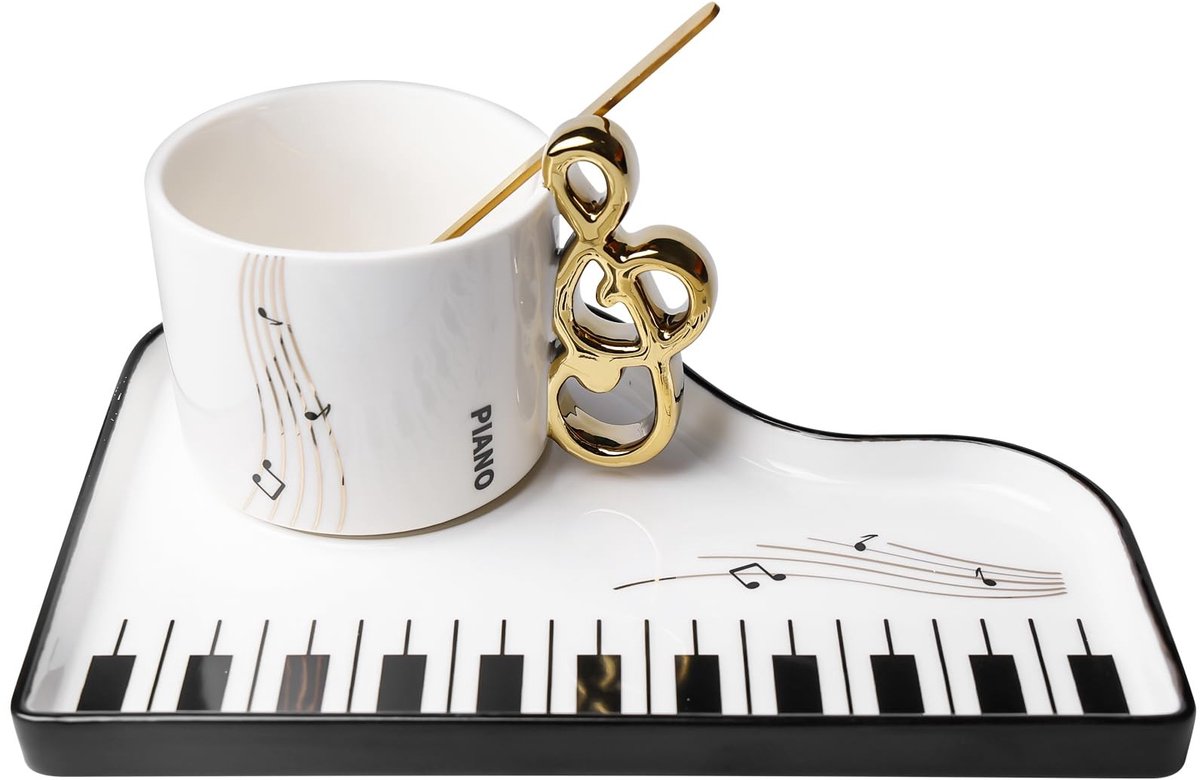 Dailygoods - Innovra - Dailygoods - Muzieknoten Keramische Koffiemok met Schotel en Lepel