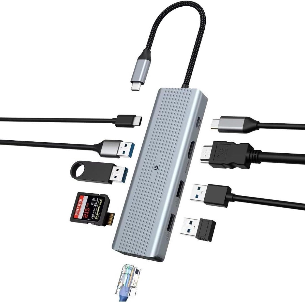 USB C-hub - Poortverdeler Dock - Productief Werken - 10-in-1 Uitbreiding - 4K HDMI - Zilver