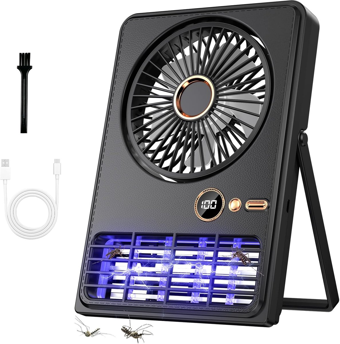 Tafelventilator-draagbare ventilator-bureau ventilator-buiten ventilator-draagbare oplaadbare ventilator - Ventilator met muggenlamp - 90° kantelbaar en inklapbaar - 5 instelbare snelheden - Geschikt voor bureaus, slaapkamers en kamperen - Zwart