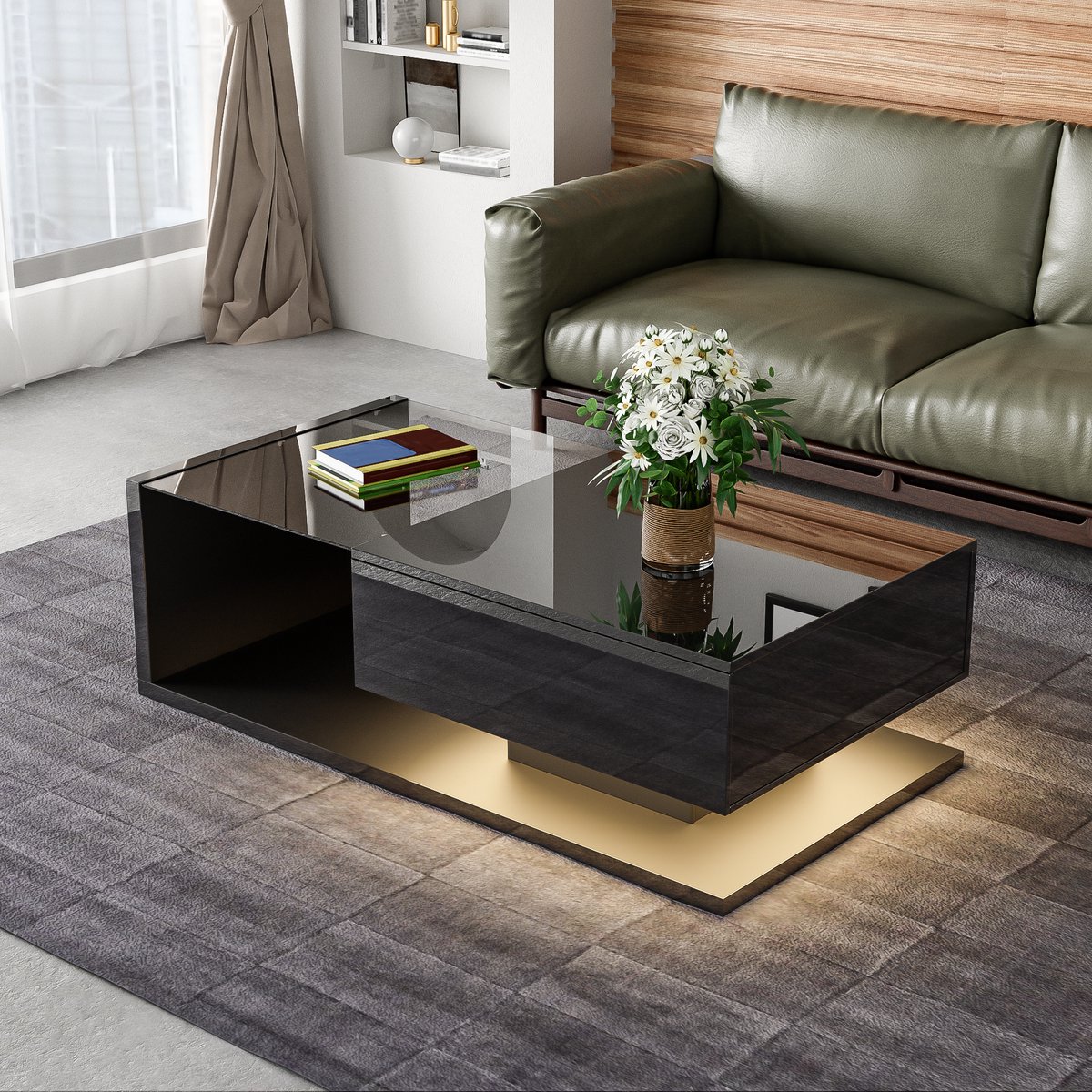 Salontafel — Hoogglans zwart — Met gehard glas en 16-kleurige ledverlichting — 105 x 55 x 32,5 cm