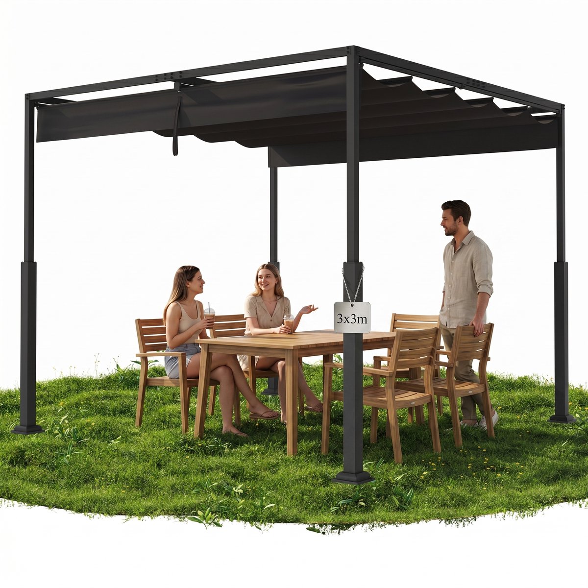 Froadp 3x3M Pergola met Schuifdak Tuinpaviljoen Waterdicht & Wintervast Vrijstaande Terrasoverkapping Zonwering - Zwart