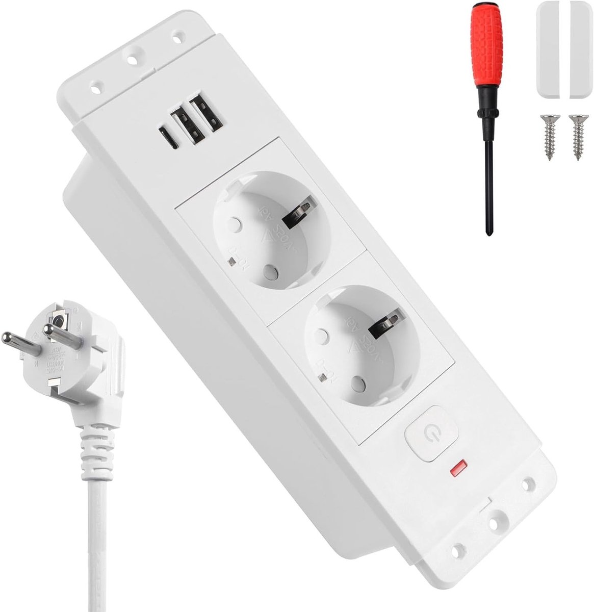 Recessed Tafelstopcontact met Schakelaar, 2 USB C PD 20W, Inbouw Stopcontact voor Meubels, Ideaal voor Werkplekken en Thuisgebruik, Wit met 1.7 m Kabel