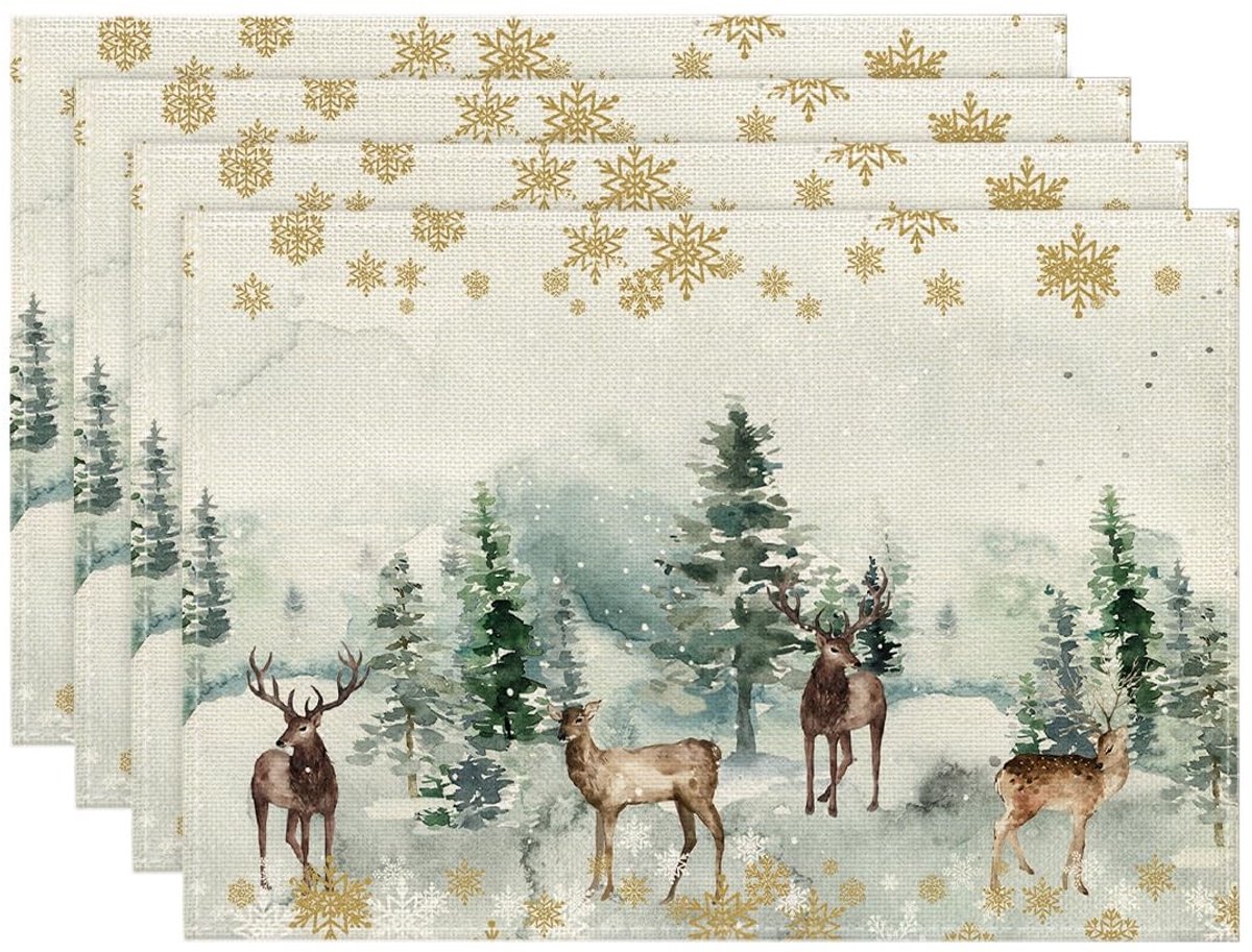 Dailygoods - 4-delige Set Kerst Placemats met Dennen Eland en Sneeuwvlokken