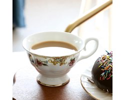 Koffiemok met schotel - Cappuccino mok - Genieten van koffie - Handgemaakt keramiek - 220 ml - Wit