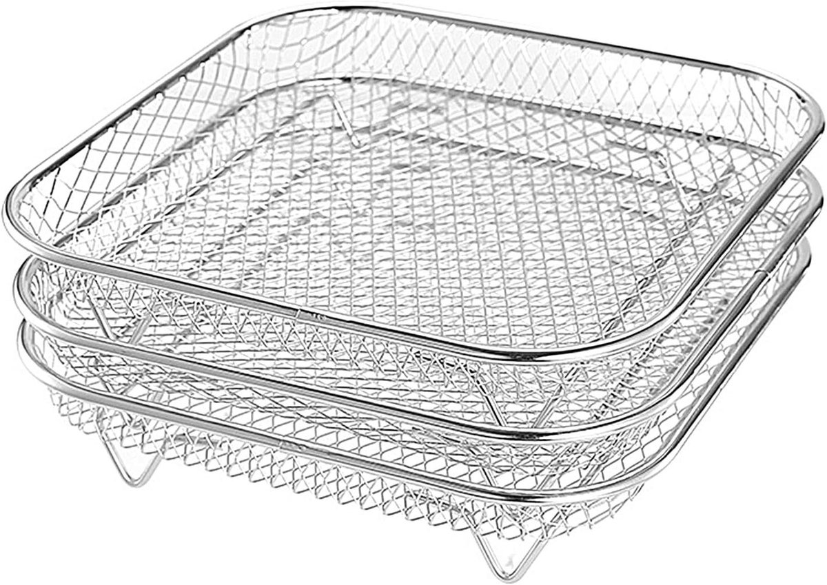Heteluchtfriteuse Accessoires - Grillroosters Droogmanden - Koken Grillen Bakken - Stapelbaar 3 Laags - 20 cm Vierkant - Zilverkleurig