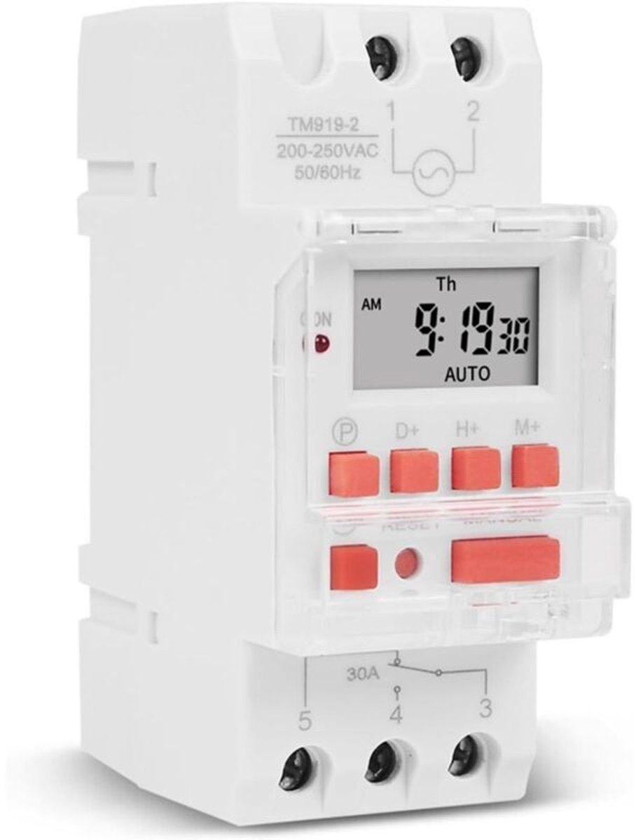 Digitale timer voor 30A elektrische waterverwarmers – LCD-display – 16 aan/uit-programma's – 35 mm DIN-rail – 220-240V