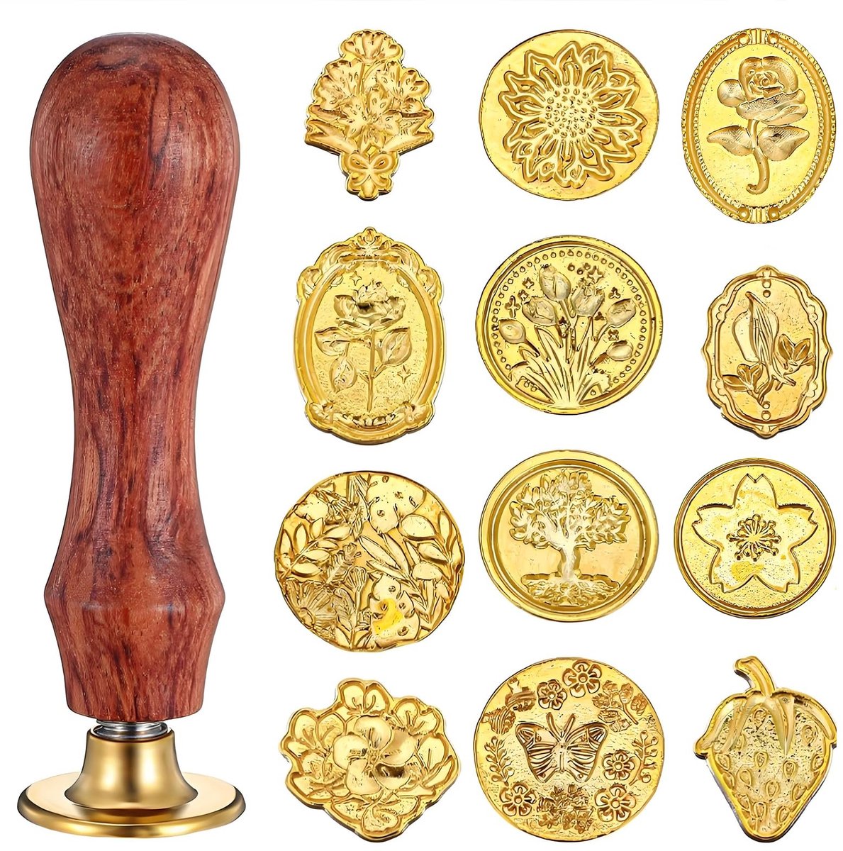 Cosensi - Dailygoods - Set van 12 Afneembare Messing Zegelstempels met Houten Handvat