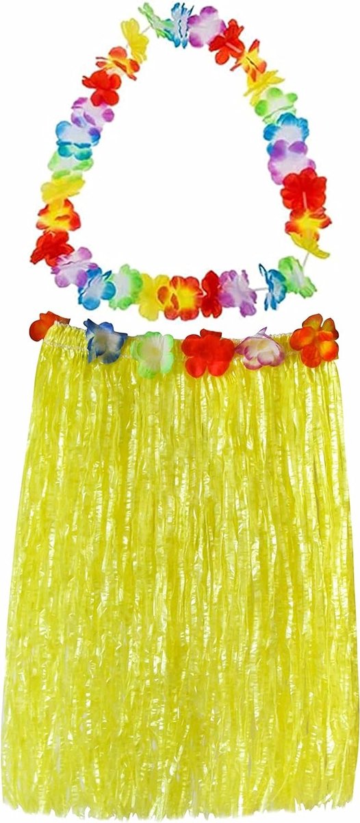 Hula rok kostuum voor volwassenen met bloemen, accessoires en hula ketting voor tropische feesten, zomer en strandactiviteiten - Geel