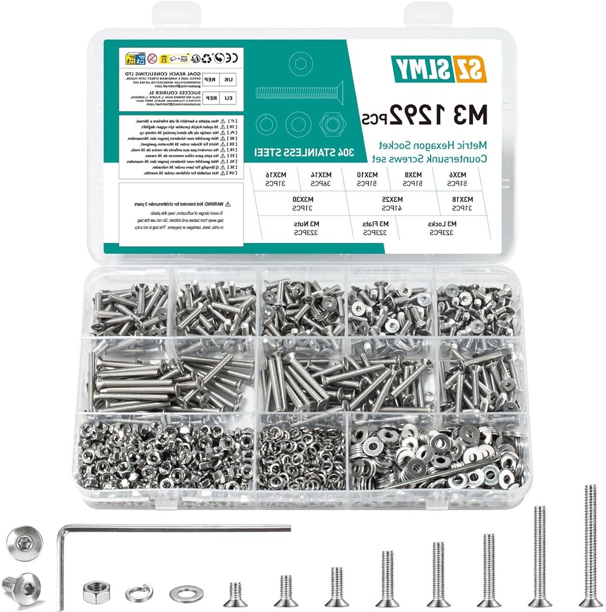 Complete M3 schroevenset met 1292 roestvrijstalen schroeven, moeren en sluitringen voor diverse toepassingen