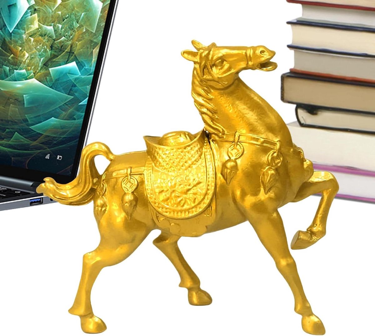 Generisch Paardenbeeld - gouden metalen figuur, Prosperity Animal Sculpture, decoratief bureauornament voor thuis, kamerplank, mantel, boekenplank, tablet, auto, viering display, 8 x 8,5 cm