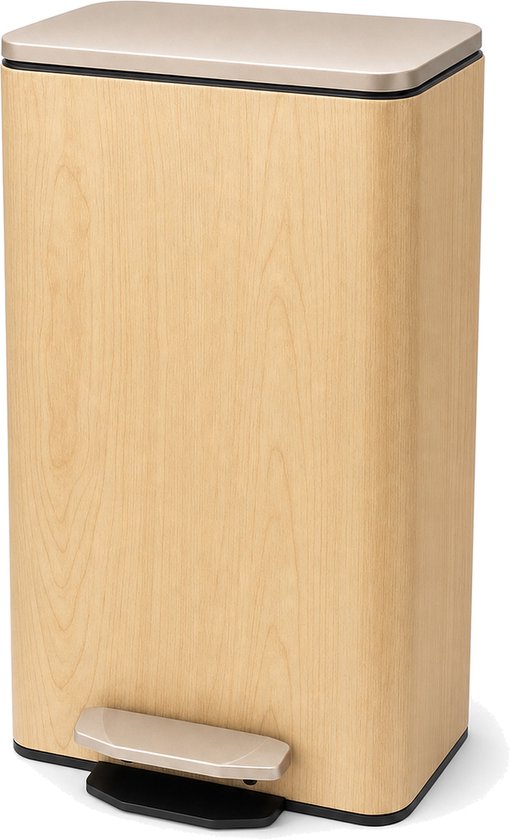 Rechthoekige pedaalemmer met licht houten nerf, gouden dekselrand en pedaal, op een witte achtergrond.