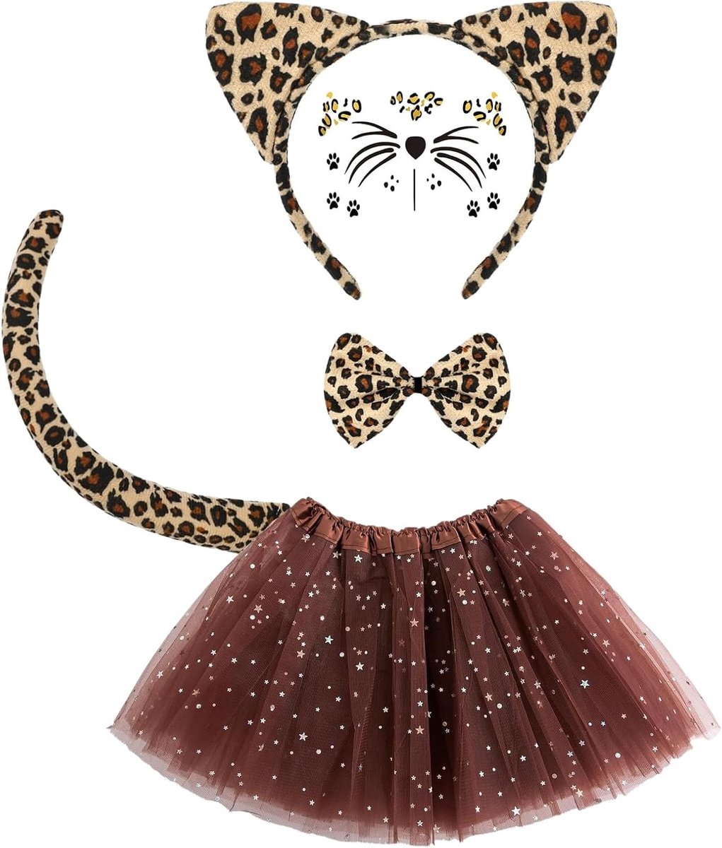 Leopard Kostuum Set voor Meisjes - Complete Outfit met Oren, Strik, Staart en Gezichtsaccessoires voor Feest, Halloween en Verjaardag