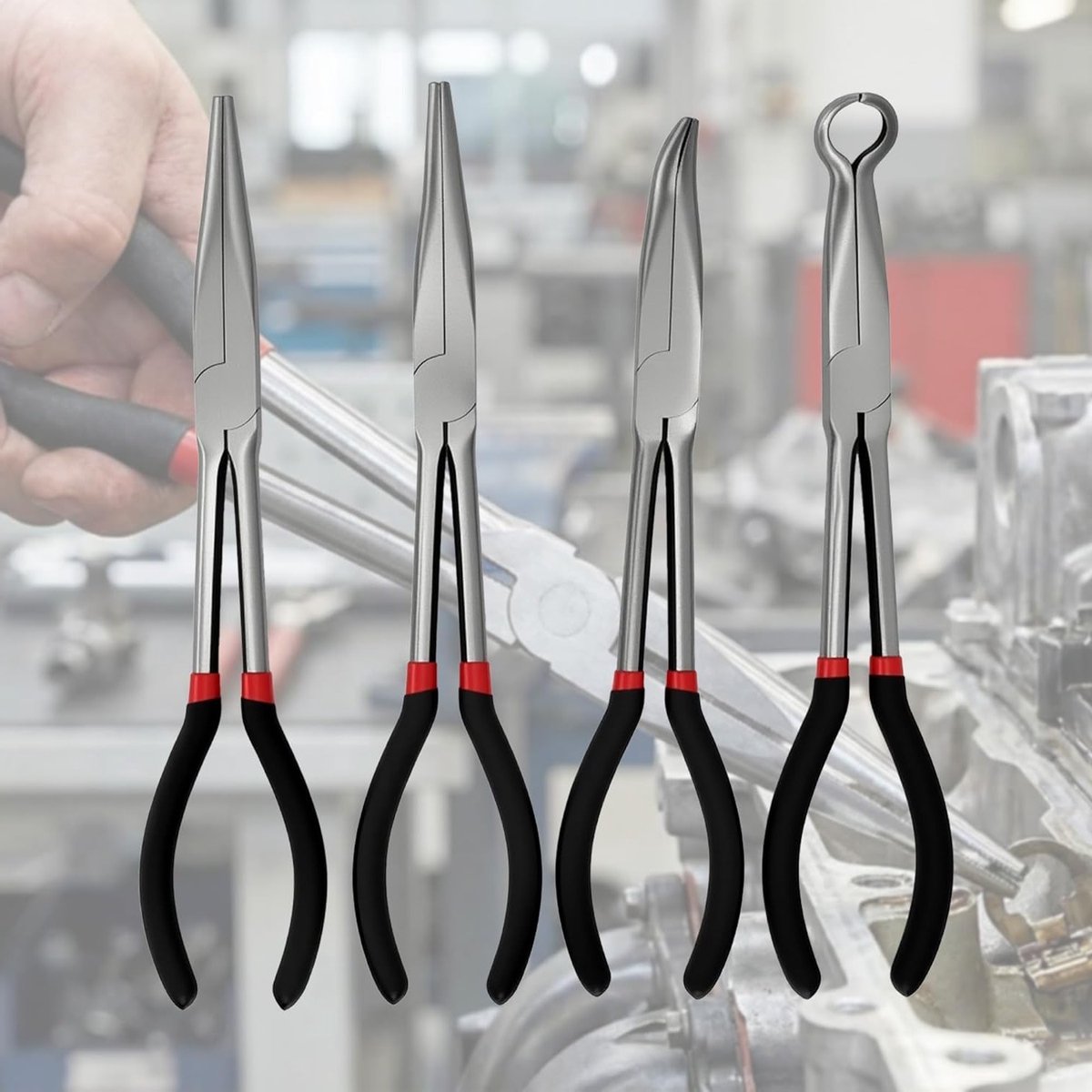 Set van 4 Lange Tangen: 28 cm Rechte Tang, 45 Graden, 90 Graden en Lange Ronde Tang voor Industrie, Bouw en Mechanische Toepassingen
