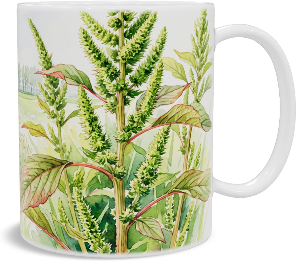 Mok papegaaienkruid Amaranthus retroflexus in uitgestrekt agrarisch landschap aquarel
