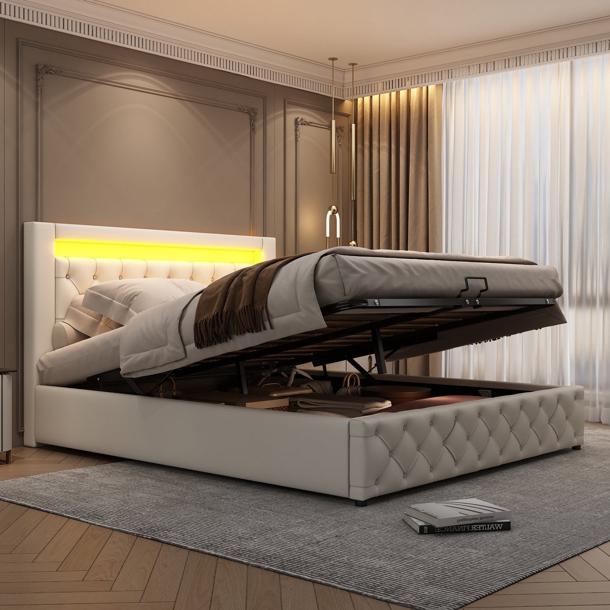 Gestoffeerd tweepersoonsbed 140x190 cm met bedframe - Inclusief hoofdbord - LED-lichtstrip - Hydraulische liftfunctie - Metalen frame - Knoopdesign - Moderne stijl - Wit (matras niet inbegrepen)