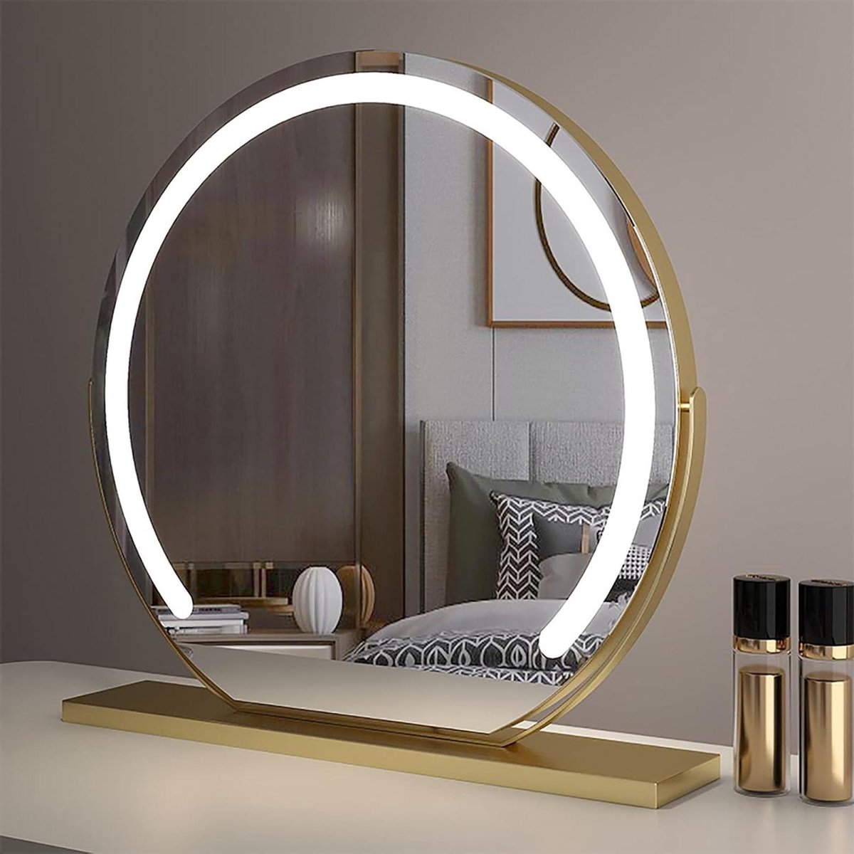 Led-verlichte make-upspiegel met verstelbare verlichting, 360° draaibare slimme spiegel met aanraakbediening, tafelspiegel voor slaapkamer en kleedkamer, goud, 40 x 40 cm