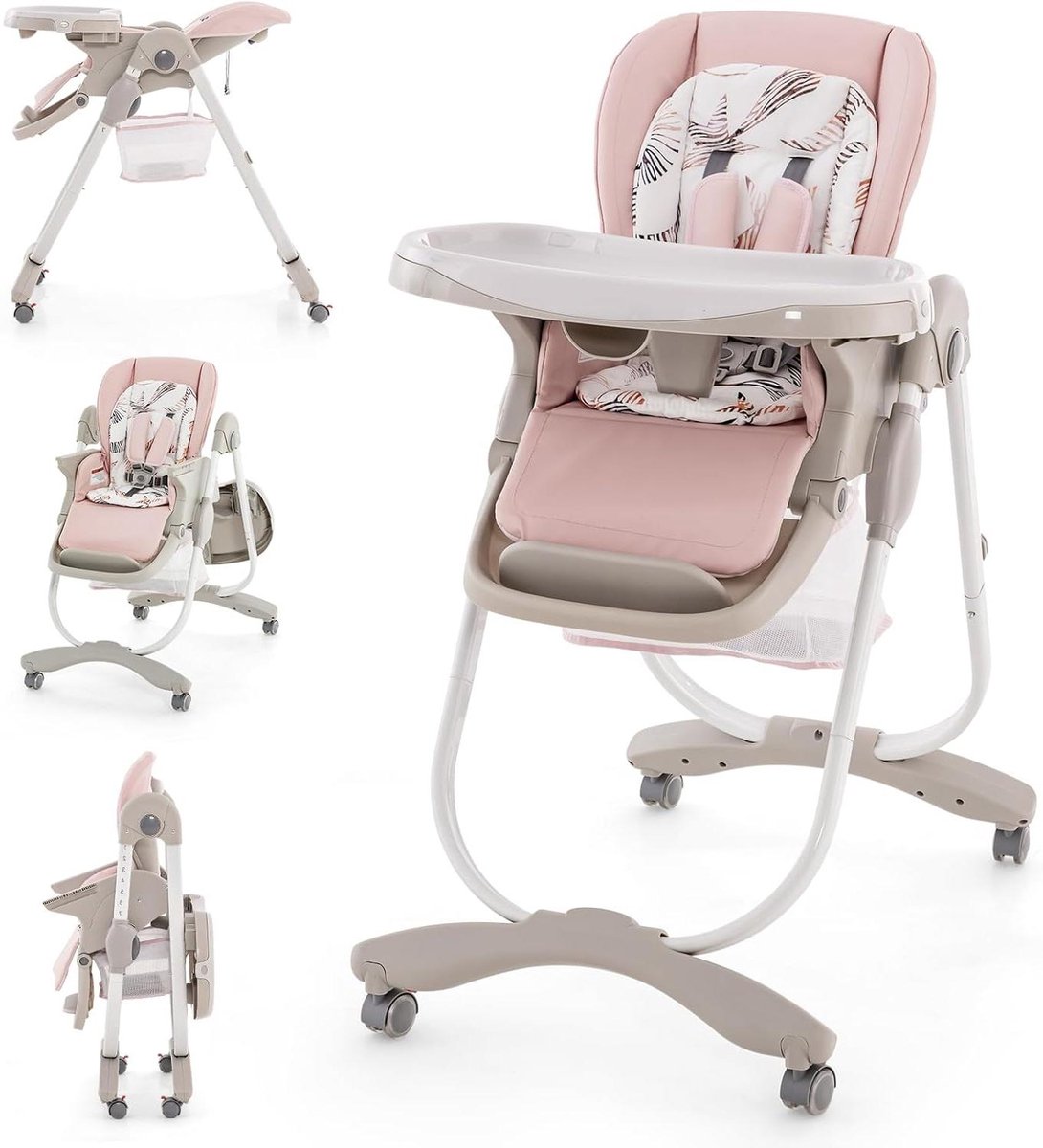GOPLUS Babykinderstoel met afneembaar dubbel dienblad, verstelbare rugleuning, voetensteun en zithoogte, voederstoel met wielen en opbergtas voor baby's van 6-36 maanden, roze