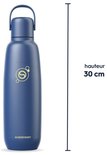 Donkerblauwe Sodastream fles van 30 cm hoog met een goudkleurig logo en handvat.