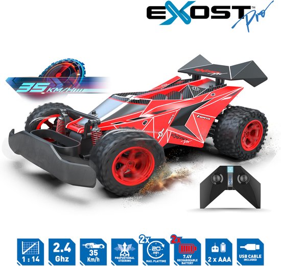 Grote rode Exost Pro Rocket One Max RC auto met spoiler, 35 km/u en controller, op een wazige ondergrond.