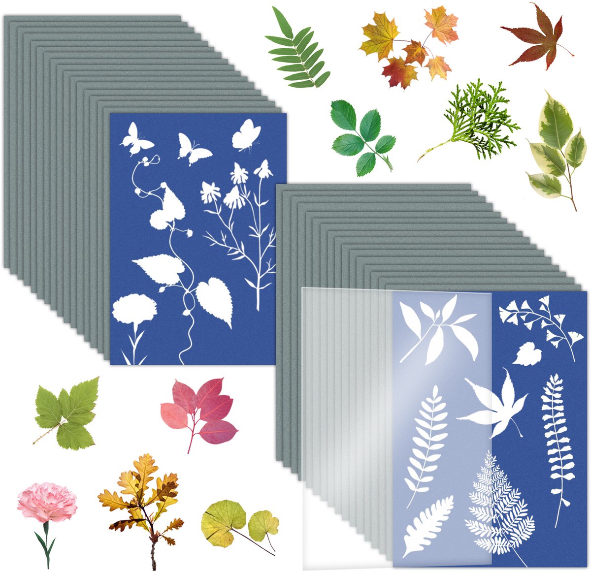 Set met zonlichtprintpapier (blanco papier) - 32 vellen blauwlichtpapier met 1 acrylplaat – Zeer gevoelig – Zonlichtgeactiveerd kunstpapier – Geschikt voor diverse creatieve projecten en knutselwerkjes