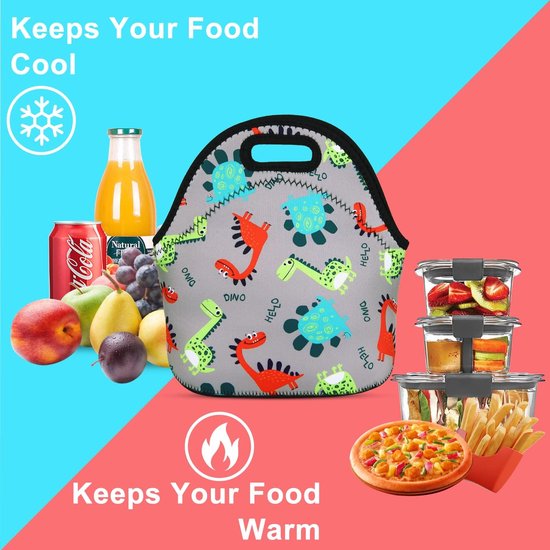 Dinosaurus Lunchtas - Isolerende Tas - Maaltijd Meenemen - Waterdicht Neopreen - 29 x 14 x 28 cm - Grijs — afbeelding 2